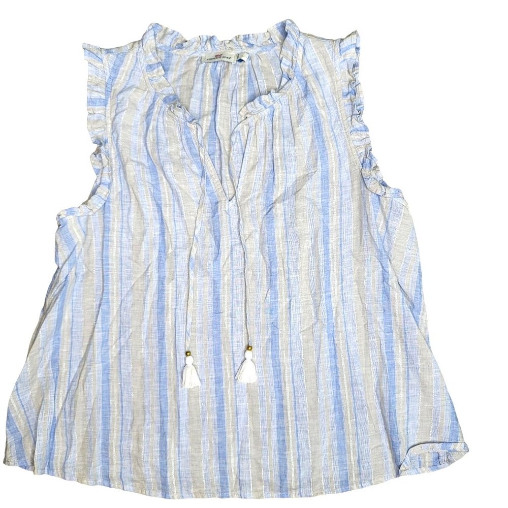 Vineyard Vines Shine Stripe Ruffle Popover Top Linen ruffle sleeve summer beach
